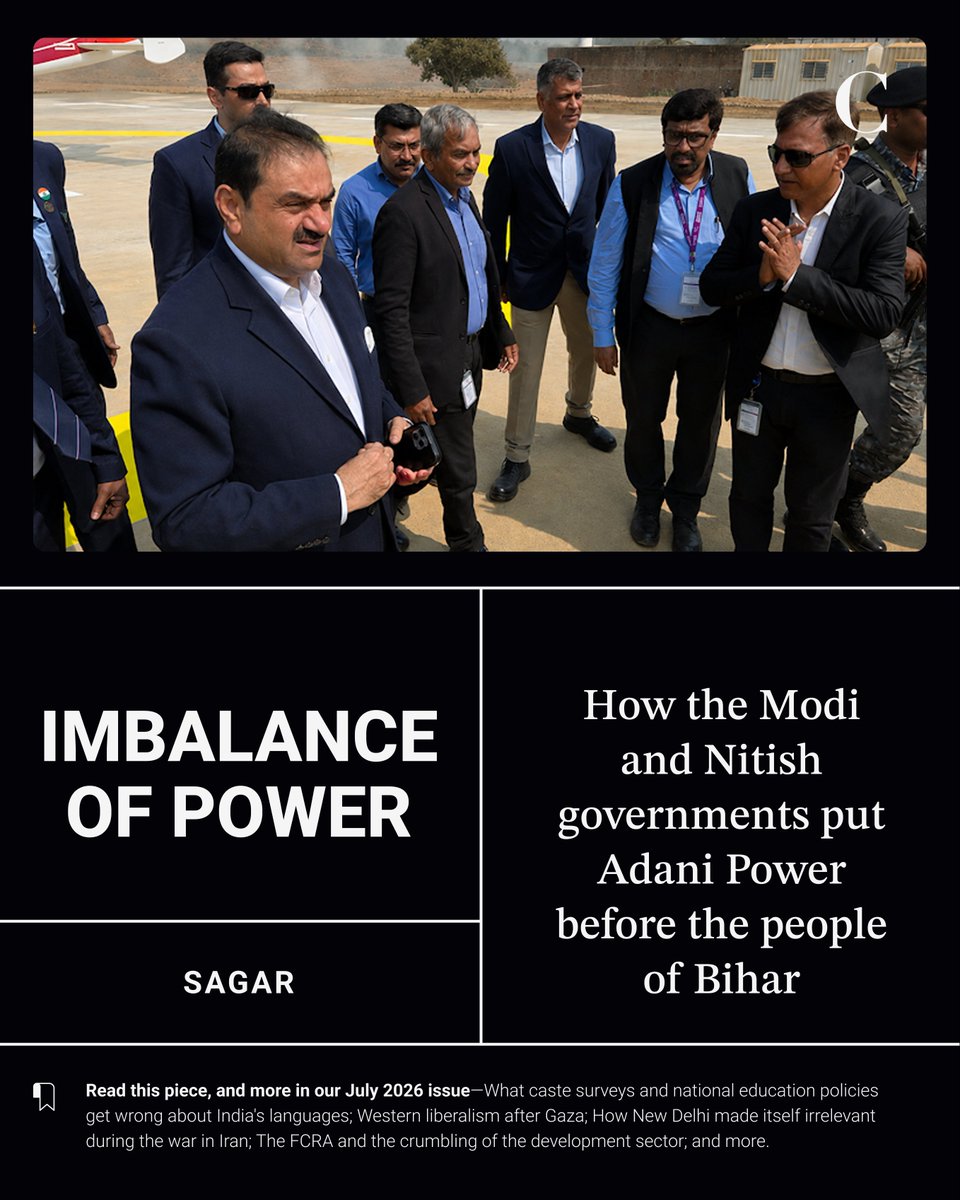 thecaravanindia's tweet photo. According to an investigation by the Central Bureau of Investigation, the union government transferred a sum of Rs 270 crore to the land acquisition officer for Bhagalpur district, in July 2014. This amount was meant to pay for the compensation to those whose lands had been acquired for the Pirpainti project. Within days, the entire amount had been siphoned off into the bank account of the Srijan Mahila Vikas Sahyog Samiti, a Bhagalpur-based NGO registered, in 1996, to provide vocational training to women. Between 2003 and 2017, the SMVSS allegedly embezzled and laundered almost Rs 1,000 crore in government funds.

The Srijan scam would forever taint Nitish’s anti-corruption image. In the immediate term, however, the siphoning of the Rs 270 crore left his government unable to complete land acquisition for the Pirpainti project.

July 2026 cover story by @Sagar_reporter on how the Modi and Nitish governments put Adani Power before the people of Bihar: https://t.co/YIUn2TT3vL