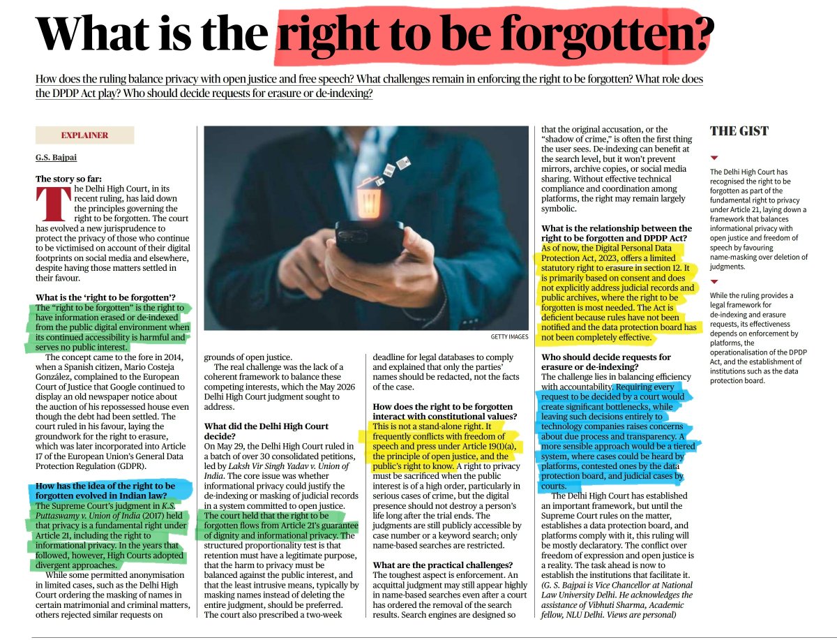 jagmohanmehta's tweet photo. "Right To Be Forgotten" (or Right To Erasure) is the right to have personal data removed from internet searches, websites, and public databases.
Read The Hindu Article
#Article21 #RightToBeForgotten #UPSC https://t.co/mbySFAoVSz