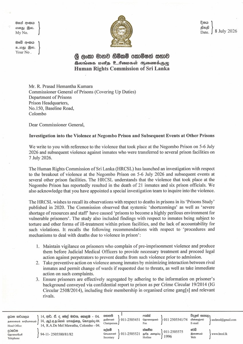 HRCSriLanka's tweet photo. HRCSL Directs Commissioner General of Prisons to Protect Inmates and Ensure Access to Prisons https://t.co/IWg7egwY5v