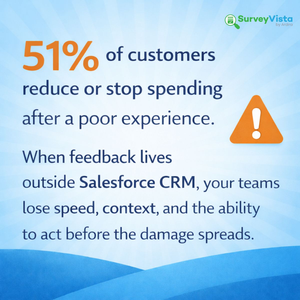SurveyVista's tweet photo. The real risk is not negative feedback. It's seeing it too late, routing it too slowly, or acting on it without the full customer context.

Book a call today: https://t.co/nSycG4RAlz

#CustomerExperience #SalesforceNative https://t.co/xYLG9hpBYY
