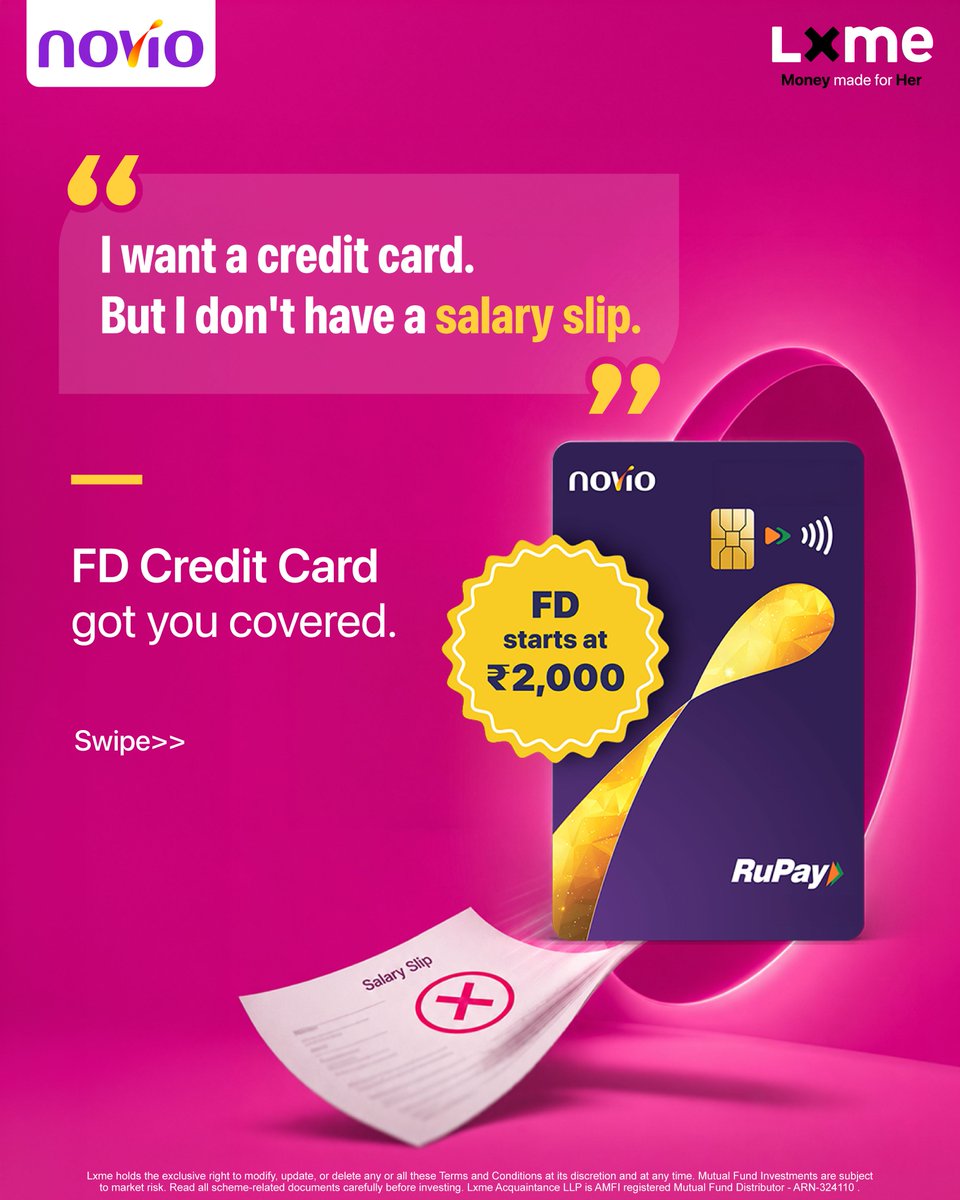 Lxmeofficial's tweet photo. No salary slip? No problem. Build credit with an FD-backed card where your deposit becomes your limit while earning up to 7% p.a. Lifetime free, with no income proof needed. Know more: https://t.co/nNLmiH2oAc

#Lxme #MainLxmeHoon #FDCreditCard #NovioxLxme https://t.co/w3knhKb59B