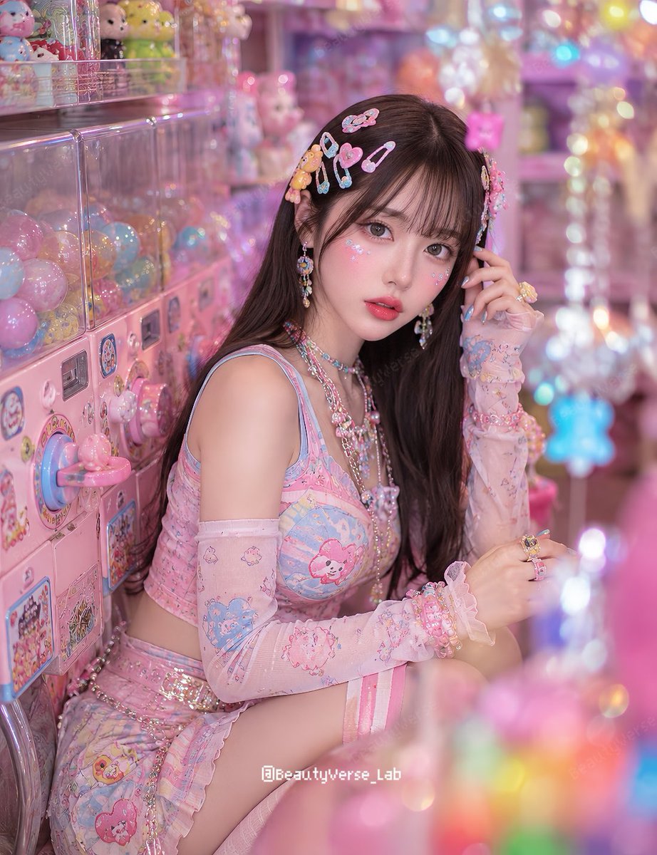 BeautyVerse_Lab's tweet photo. 【提示詞 / プロンプト共有】

讓你的人物套用這個可愛繽紛
糖果般的效果✨

使用方法：
1.準備一張你要套用的人物
2.複製貼上下面的prompt
-

あなたの人物に、この可愛くてカラフルなキャンディのような効果を適用できます✨

使い方：

1.適用したい人物画像を用意する
2.下の prompt をコピーして貼り付ける
-

👇

[CHARACTER]

Use the provided character reference image. Preserve the character's facial identity, hairstyle, hair color, expression style, body proportions, clothing, accessories, and overall visual identity. Do not redesign the character. Only change the scene, lighting, camera angle, composition, pose, atmosphere, and environmental details.

Scene:
Toy capsule and candy shop interior packed with colorful acrylic containers, plush charms, pastel sweets, transparent candy dispensers, and playful decorative displays.

Lens:
Experimental macro close portrait with shallow depth of field, foreground occlusion created by transparent candy jars, hanging keychains, acrylic ornaments, and soft foreground bokeh.

Composition:
Close up portrait focusing on the face and upper body with natural candid framing.

Atmosphere:
Energetic, adorable, playful, stylish, visually overstimulating in a premium fashion editorial style.

Color Palette:
Gradient colors with vibrant neon pink, lime green, aqua blue, lavender, soft peach, and glossy candy reflections.

Lighting:
Soft diffused lighting mixed with colorful ambient glow, realistic highlights, subtle reflections on acrylic surfaces.

Style:
Realistic photography, DSLR quality, natural skin texture, fashionable styling, rich visual layering, premium editorial aesthetic, highly detailed.