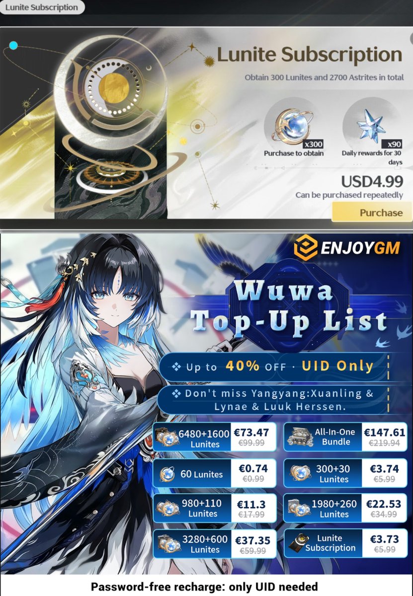 WuWa_Ani_Info's tweet photo. 2x Lunite Pass Giveaway! 🎉

• Follow me 
• Like &amp; RT 
• Comment with a gif of your favorite character

Bonus : Get 21% off Lunites using my link https://t.co/131UYVDHHf

The usual $100 Pack (6480 Lunites) only cost $80 with EGM!"

Ends in 1 week, Goodluck 🫶

#WutheringWaves https://t.co/sd2CkTWubi