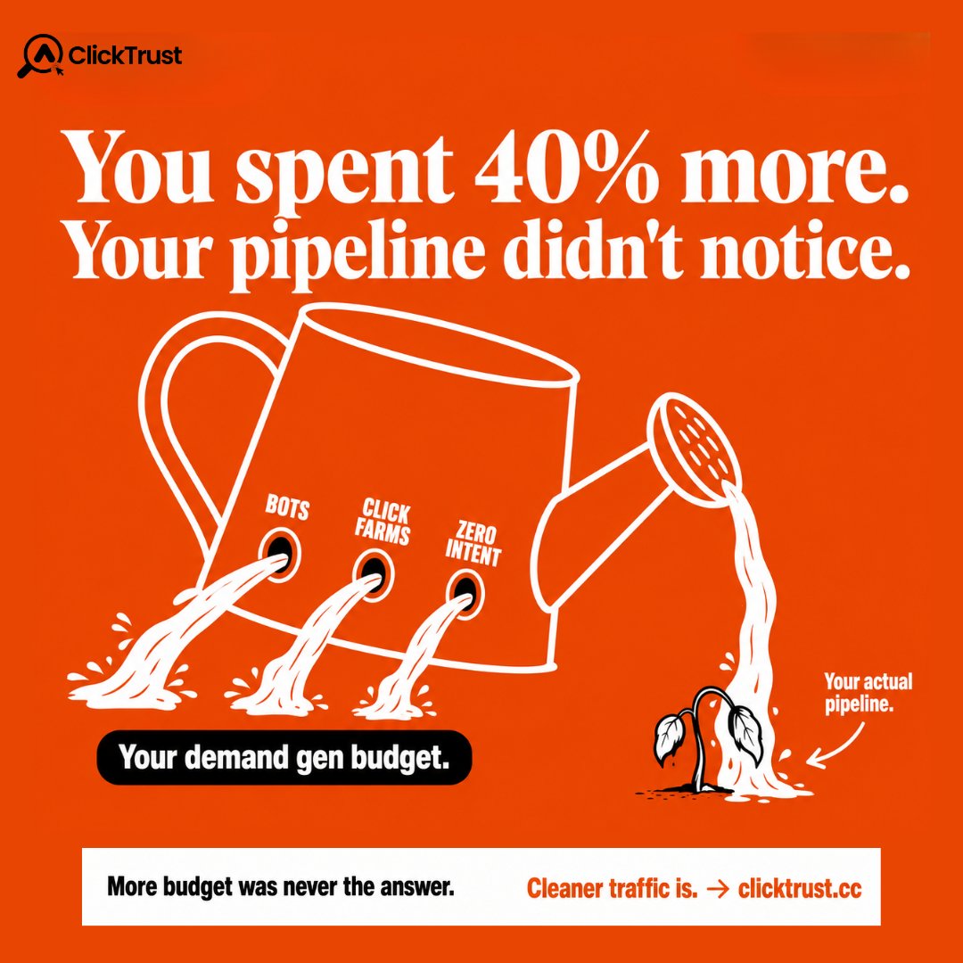 clicktrustcc's tweet photo. 40% more demand gen budget. 👇

More leads. Same empty pipeline.

More budget was never the answer.
Cleaner traffic is.

ClickTrust. → 🔗 https://t.co/EsHoct3yRV

#SaaSGrowth #DemandGen #ClickFraud https://t.co/fnU8ypbREH
