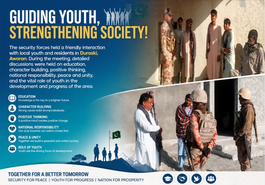 Aqib31166812315's tweet photo. 🤝 Guiding Youth, Strengthening Society! Security Forces engaged with youth and residents in Duraski, Awaran, emphasizing education, character building, peace, unity, and the vital role of youth in shaping a stronger future. 🇵🇰
#Awaran
#Duraski
#YouthEmpowerment https://t.co/EAJaJgVtv1