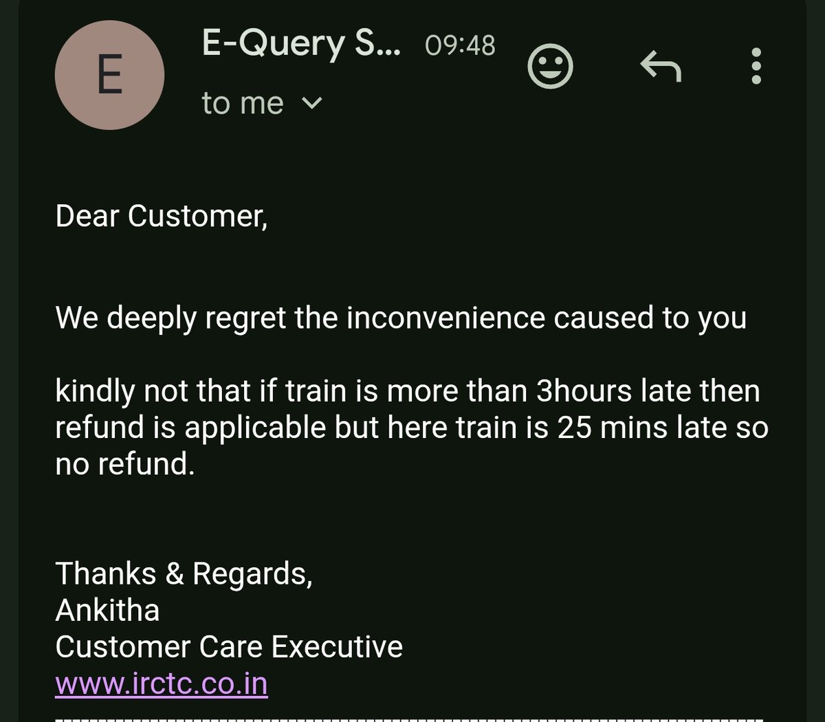 docsit1's tweet photo. @railcomplaint @IRCTCofficial @RailwaySeva @RailMinIndia 

You are paying 550 rupees for a #VandeBharat journey only to get such reply from #IRCTC  for a delay of 25 mins .. without any accountability!!! #Shame @AshwiniVaishnaw https://t.co/lh5jO7g94r