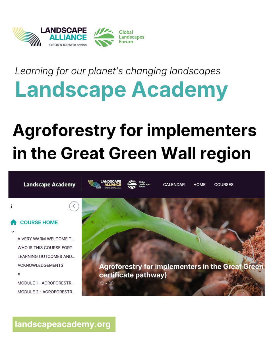 TheLandAlliance's tweet photo. Working with farmers, pastoralists and communities in the #GreatGreenWall region?

This free course offers practical guidance on designing, establishing and managing #agroforestry systems that support #LandRestoration & livelihoods.

Enroll:🔗 https://t.co/HZZOZgT09l

#LandscapeAcademy