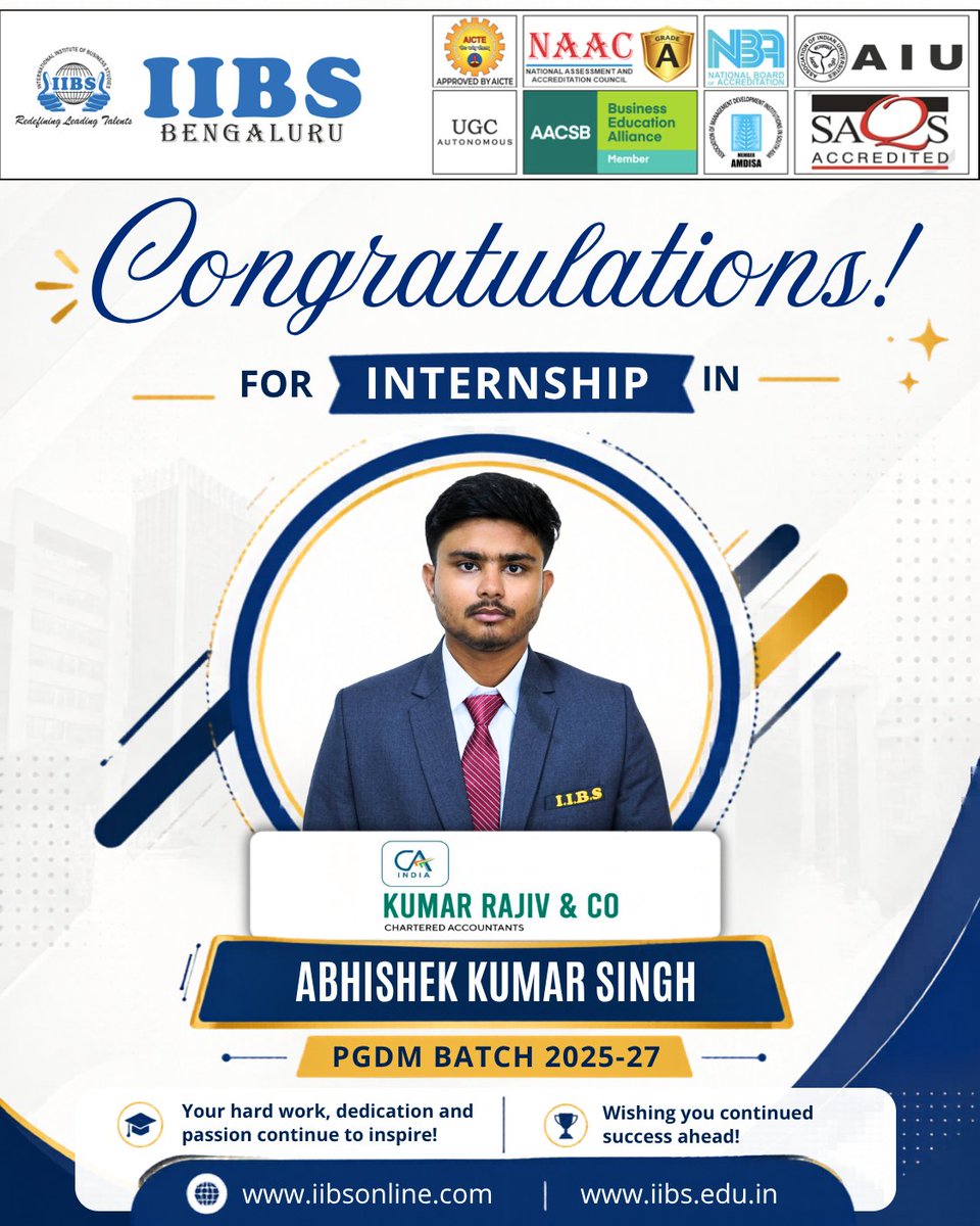 iibsonline's tweet photo. Congratulations to Abhishek kumar singh from the #PGDM Batch 2025–27 of #IIBS Bengaluru on securing an #internship at Kumar Rajiv &amp; CO! 🎉👏

#Internship #Achievement #KumarRajiv #FutureLeader https://t.co/DokVrYvBW8