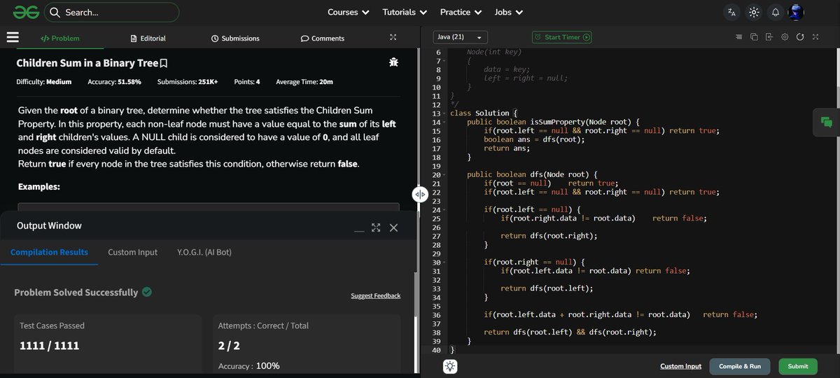 arka_gain18's tweet photo. Day 39 done &amp; dusted✅ 
✅ Symmetric Binary Tree
✅ Flatten Binary Tree to Linked List
✅ Check for symmetrical BTs
✅ Children Sum Property in Binary Tree
Thank You @striver_79 and @takeUforward_  for giving this challenge to make consistancy in DSA  
#SDESheetChallenge #DSA https://t.co/qTDlW1XMoz