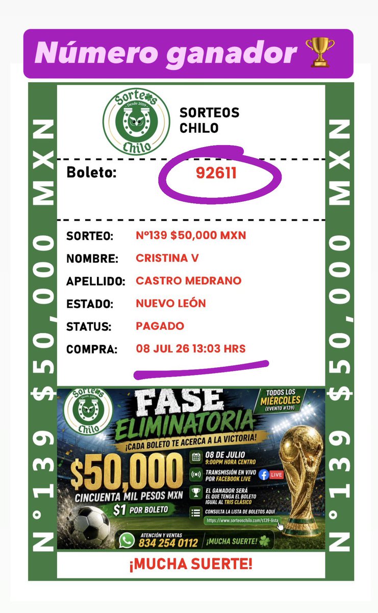 MMRifas5's tweet photo. 🎊Muchas felicidades 🎉 a‼️CRISTINA VERÓNICA CASTRO MEDRANO‼️De #SantaCatarina #NuevoLeon  quien fue la afortunada ganadora de los 50MIL💰de nuestro evento #139 con el número 👉🏻92611🍀 https://t.co/KZFDA1UgSn