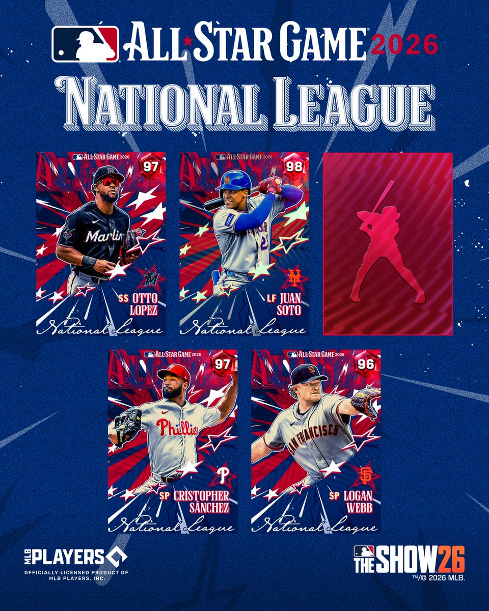 MLBTheShow's tweet photo. 🤩 All-Stars all around in MLB The Show 26!!! ⭐⚾

Start adding 2026 All-Star Series 💎s from the AL and NL All-Stars Programs to your squad today around noon PT! 🤩

Play Moments, complete Missions, and jump into modes like Showdown, Conquest, Mini Seasons, and Diamond Quest to earn progress!