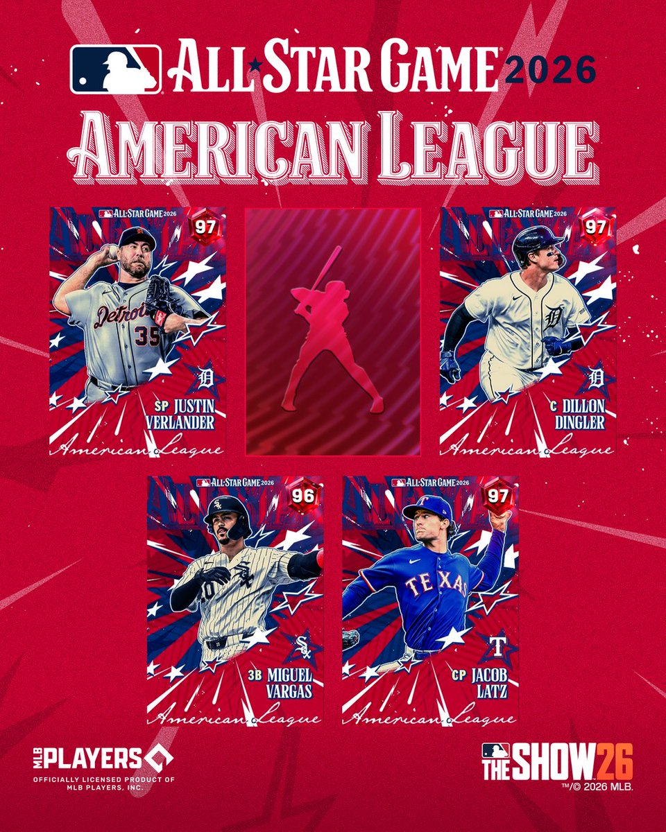 MLBTheShow's tweet photo. 🤩 All-Stars all around in MLB The Show 26!!! ⭐⚾

Start adding 2026 All-Star Series 💎s from the AL and NL All-Stars Programs to your squad today around noon PT! 🤩

Play Moments, complete Missions, and jump into modes like Showdown, Conquest, Mini Seasons, and Diamond Quest to earn progress!
