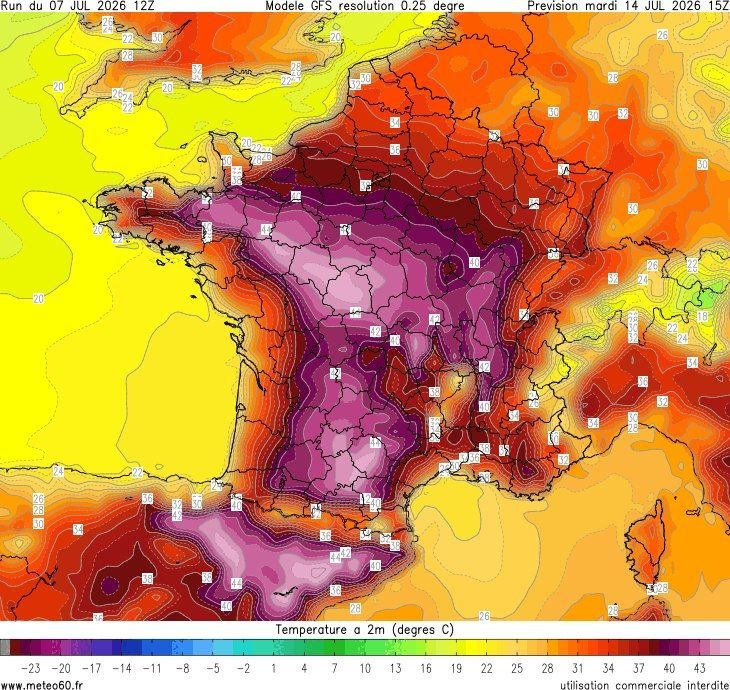 Miss_Royal73's tweet photo. Op naar #CodeZwart 🟥🟪⬛️ 🙃

Het #GFS-model voorspelt voor komende dinsdag meer dan 45 graden in het midden en het zuidwesten van Frankrijk. #hitte https://t.co/d4iv4vmyI1