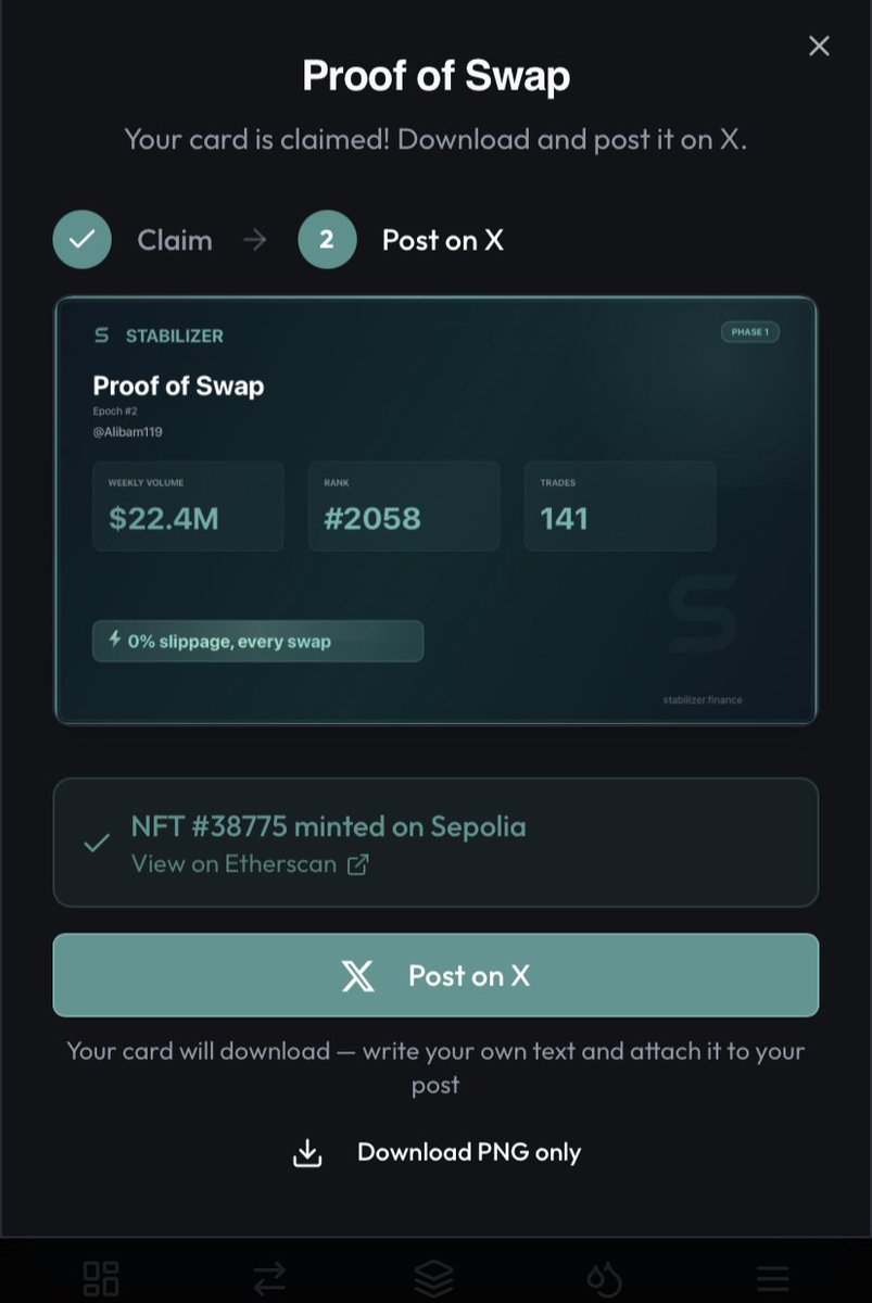 Alibam119's tweet photo. Update @StabilizerFi! ✨
Epoch 2 has closed — Epoch 3 is now live!
✅ Claim your NFTs now: https://t.co/NN1LsJdqn3 (Proof of Swap &amp; Multi-Pool Challenge)
Proof of Swap NFT: Your rank shows your Epoch position.
After claiming, please share feedback in #feedback. https://t.co/F4ie6V9LC0