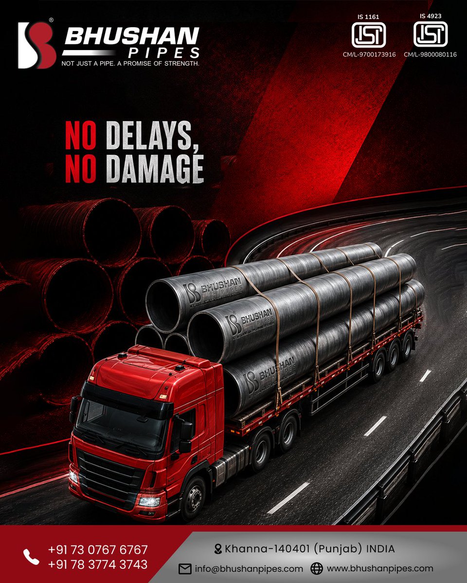 bhushanpipe's tweet photo. 🚛 No Delays. No Damage. Just Reliable Deliveries.
✔ Safe Transportation
 ✔ On-Time Delivery
 ✔ Quality You Can Trust
Bhushan Pipes – Not Just a Pipe. A Promise of Strength.
#BhushanPipes #OnTimeDelivery #SafeDelivery #ERWPipes #HollowSections #MSBillets #HRCoil #SteelPipes https://t.co/4DAltFsDBT