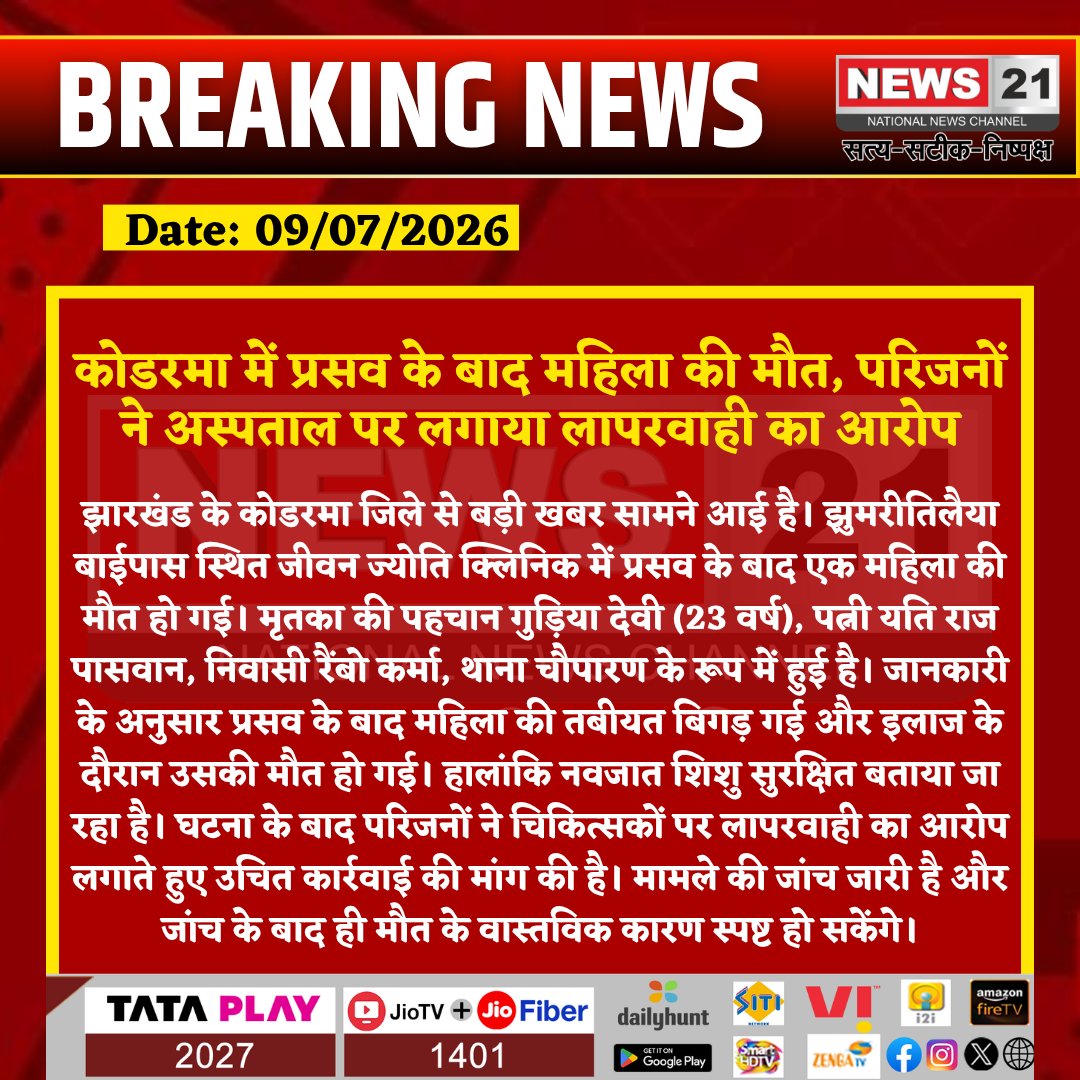 news21national's tweet photo. कोडरमा में प्रसव के बाद महिला की मौत, परिजनों ने अस्पताल पर लगाया लापरवाही का आरोप

#Koderma #Jharkhand #BreakingNews #Hospital #MedicalNegligence #MaternalDeath #Delivery #Healthcare #JhumriTelaiya #CrimeNews #LatestNews #HindiNews #NewsUpdate #IndiaNews #News21 #News21National https://t.co/moAlh5O9kY