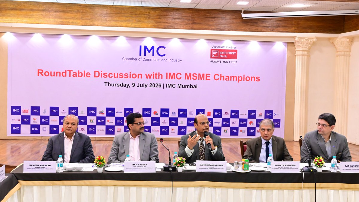 IMC_India's tweet photo. Building on the overwhelming response to the launch of IMC MSME Champions 2026 on the World MSME Day, the IMC Chamber of Commerce and Industry (IMC) convened the first IMC MSME Champions meeting, bringing together the IMC MSME Champions for an engaging and solution-oriented dialogue on business growth, expansion opportunities, industry challenges and policy reforms.

The meeting marked the next phase of the IMC MSME Champions initiative by fostering meaningful industry engagement. It enabled MSME entrepreneurs to share key challenges and growth opportunities, helping IMC shape a structured policy agenda through its Engage Maharashtra Forumto drive business growth and ease of doing business.

Together, we remain committed to empowering MSMEs, fostering innovation, and driving sustainable economic growth.

#MSMEChampions #MSME #Entrepreneurship #BusinessGrowth #EngageMaharashtra #Leadership #Networking #EconomicGrowth #MakeInIndia

@invstrategist @BombayAmusement @cbc_pharma @jayelastomers95 @Matrix3D_India @ElastomersJay @rrpelectronic @TechinventionL @UGROCapital
@PrachiToraskar @SayeedIrem @CCRT__Lab @ParvezDiwan 
@minmsme @jitanrmanjhi @investindia @startupindia @makeinindia @mygovMaha @DPIITGoI @msmedfomumbai @PIBIndiaMSME @DoI_mahagov @midc_india @mssidc @NSICLTD @kdhavse @samant_uday @tweetvanita @MariwalaS