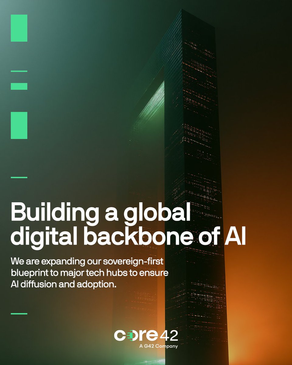 core42_ai's tweet photo. Anchored in the UAE, we are expanding our "sovereign-first" blueprint into major technology hubs across Europe and the Global South.

Much like an electric grid, we are connecting power generation to data center "substations" to support the world's most demanding workloads. With clusters already ranked on the TOP500 List, we are proving that our model works at a national scale.

Learn more: https://t.co/lLZuWwu7Da

 #Core42 #IntelligenceGrid #GlobalAl #TOP500 #SovereignAl #DigitalEquality #ProgressContinues