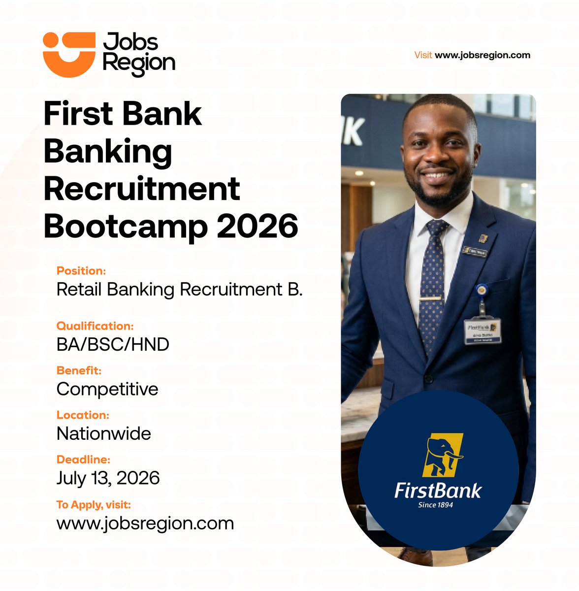 jobsregion's tweet photo. First Bank Banking Recruitment Bootcamp 2026 (Nationwide)

Qualifications: BA/BSC/HND 

Location: Nationwide

Deadline: July 13, 2026

Click the link below to apply⤵️
https://t.co/pfiSCcqKzR

Kindly retweet and tag your friends who might be interested https://t.co/JOzLN1rpRN