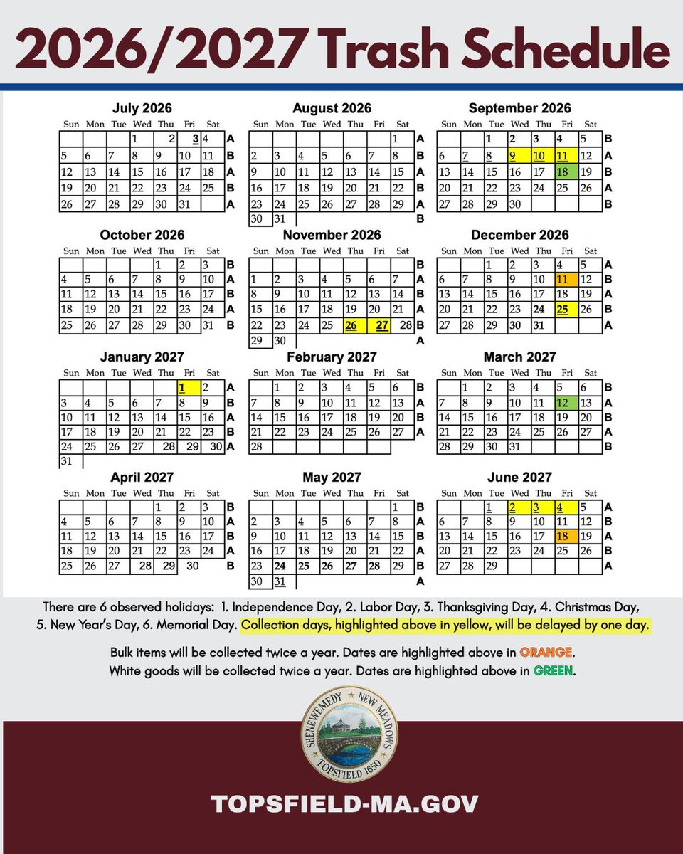 townoftopsfield's tweet photo. 2026/2027 Trash and Recycling Calendar
Learn more at: https://t.co/bqDNWQjjYm
#topsfieldma https://t.co/jvZwBvUMCy