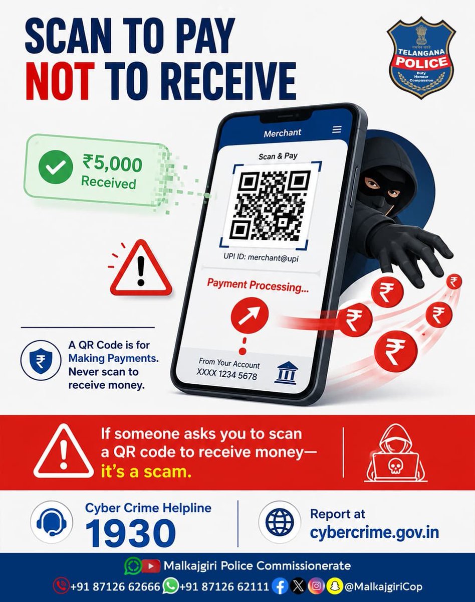 acpbpt418's tweet photo. Scan to Pay, NOT to Receive!If anyone asks you to scan a QR code to receive money, it's a scam. Report cyber fraud: 1930 | https://t.co/gzR7UCI5so #CyberSafety #OnlineFraud #CyberCrime https://t.co/nitYCxsH4G
