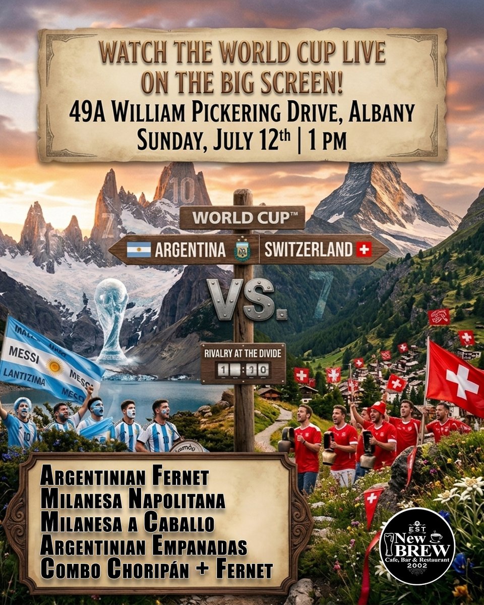 NewBrewBar's tweet photo. ⚽ 🇦🇷 Argentina vs Switzerland 🇨🇭  | World Cup 2026 Quarterfinal 🔥
Sunday 12 of July 1pm
Reserve 09 414 5450
49 A William Pickering Drive, Albany
Booking here 👇
https://t.co/LEASr28zsg
#Argentina #Switzerland #Quarterfinal #FIFAWorldCup2026 #WorldCupUSA #FootballIsComing https://t.co/e6h1OjSNUM