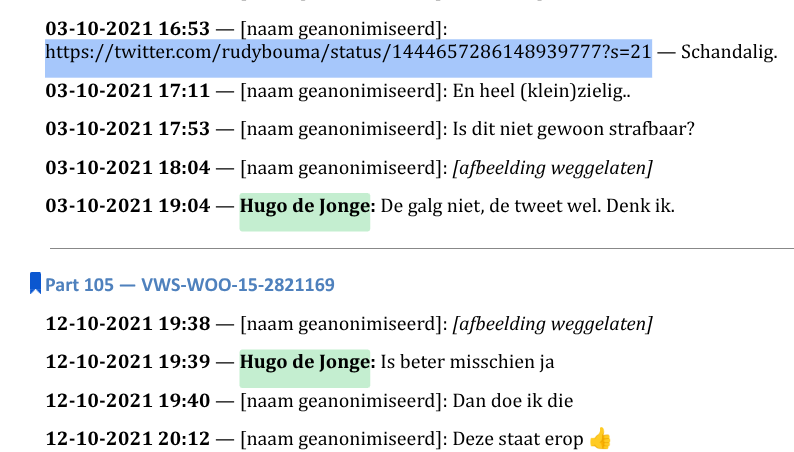 Transparangst's tweet photo. En nou het volgende punt van #wobstructie. 

VWS geeft documenten uit een groepsgesprek op Whatsapp. 

VWS knipt het gesprek digitaal op per A4-tje. 

VWS is niet volledig, want we springen van Part 88 (eindigend op 3 oktober '21) naar Part 105 (beginnend 12 oktober '21).

Ophef n.a.v. de post van @rudybouma https://t.co/IqzcyFhxK3 leidde tot een aangifte van @hugodejonge. Dat gesprek wil VWS blijkbaar niet met ons delen. Nee, pas op 12 oktober '21 was de kust weer veilig!