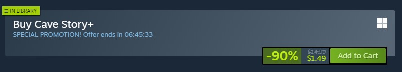 dagehour's tweet photo. Doing my civic duty as a poster to my moots to say cave story is like 90% off now. If you don't have it, now would be a good time since its like binding of Issac price on there right now and it comes with all the switch stuff/mod support. Freeware is always there but good deal. https://t.co/BTkQKF2vr1