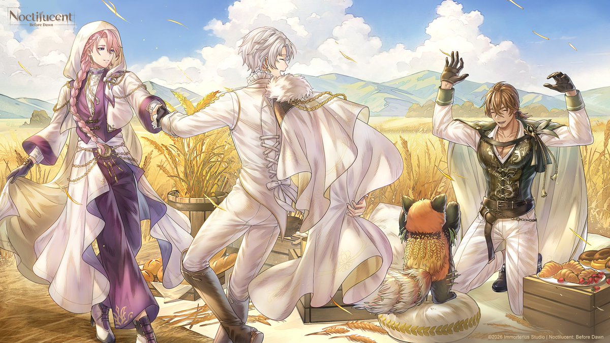 NoctilucentEN's tweet photo. Ryee imitates Heigl's movements, standing up and stretching his front legs as high as he can.
Sen, who is sitting next to Anli, stands up and takes Anli's hand.
Anli stands up—the boy who once always hid shyly now wears a bright and confident smile.
#Noctilucent #WanderersWelcome https://t.co/GlaxlUvIkf