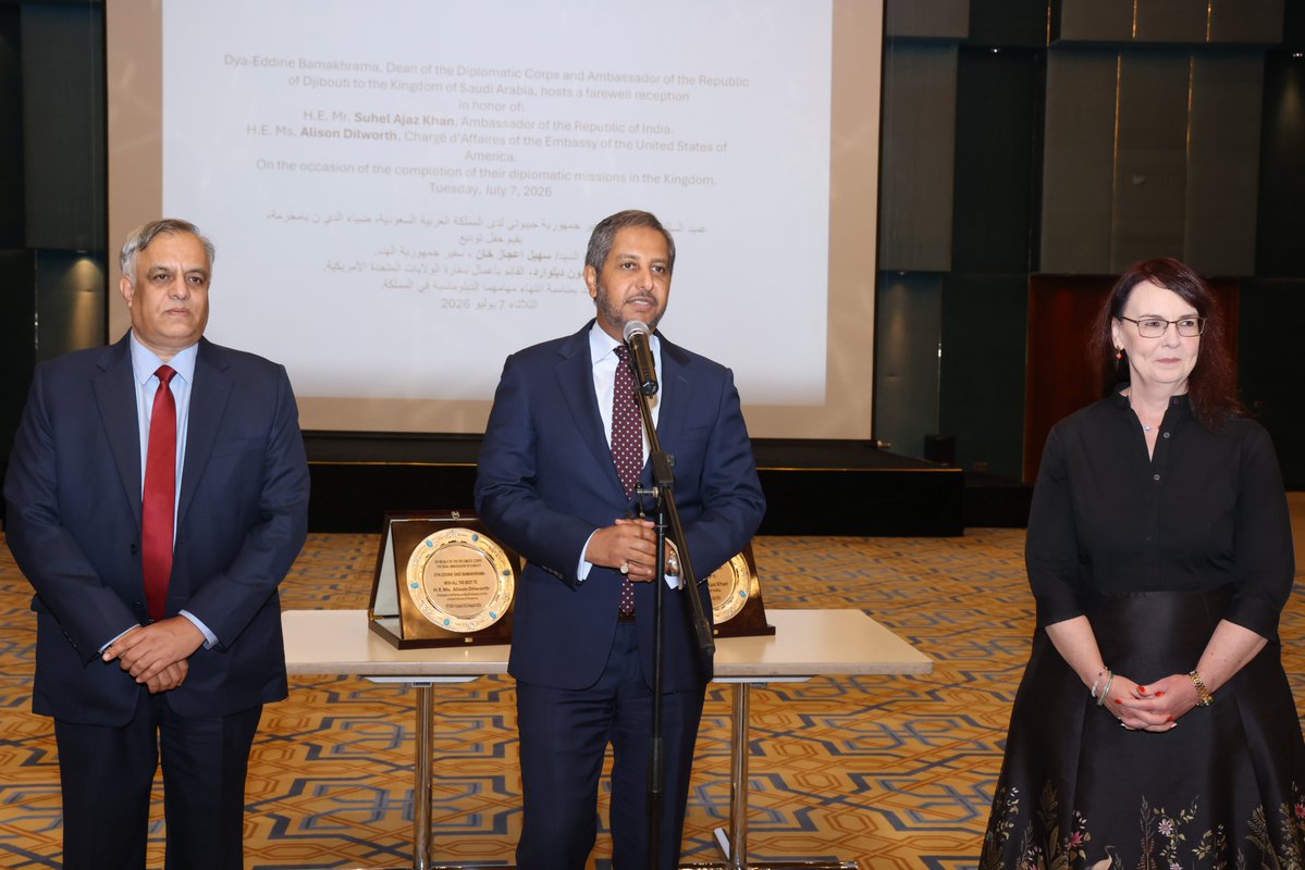 DQliving's tweet photo. The Dean of the Diplomatic Corps &amp; Ambassador of Djibouti, H.E. @dya_bamakhrama, hosted a farewell reception at the in honor of the Ambassador of @IndianEmbRiyadh, H.E. Suhel Ajaz Khan, &amp; the Chargé d'Affaires of the United States, H.E. Alison Dilworth.

https://t.co/pFsMPLRsIL https://t.co/VnTLsjyrNj