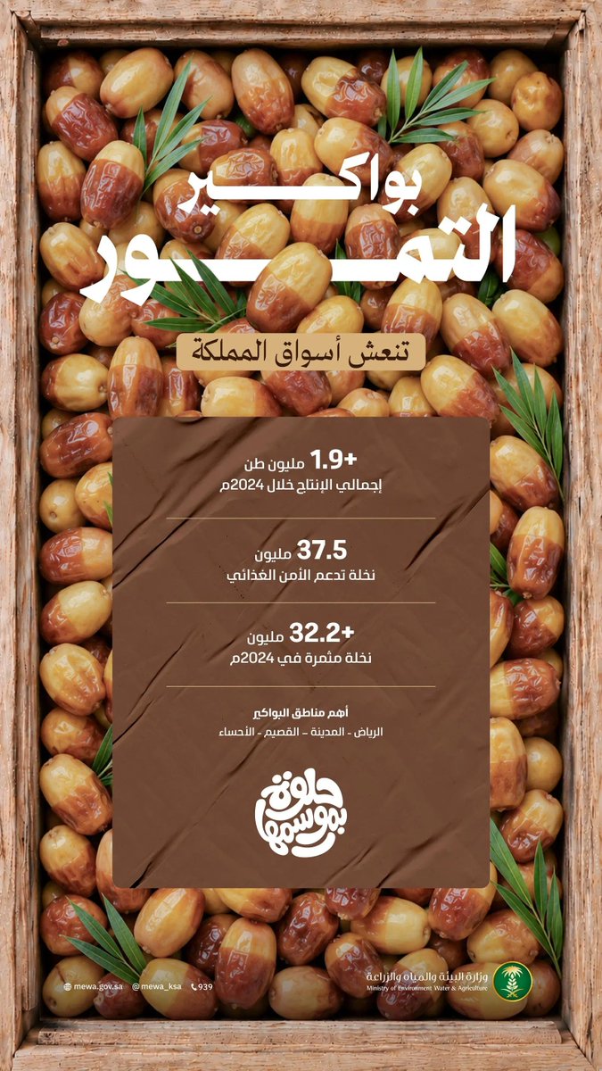 SPAeconomic's tweet photo. أسواق المملكة تستقبل بواكير موسم التمور بإنتاج سنوي يتجاوز 1.9 مليون طن.
https://t.co/ZZdcE9azVA
#واس https://t.co/Ov0vvzYQg5