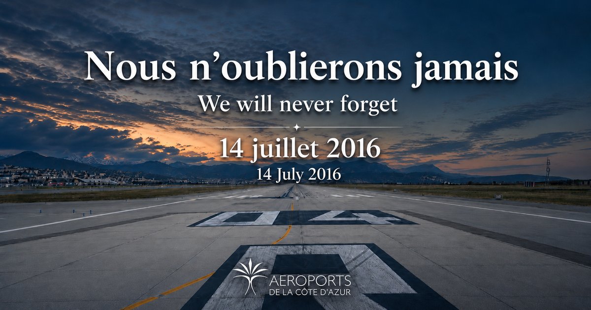 AeroportNice's tweet photo. 🇫🇷 Aéroports de la Côte d’Azur s’associe à l’hommage rendu aux victimes de l’attentat survenu le 14 juillet 2016 sur la Promenade des Anglais. Avec respect, nos pensées accompagnent leurs familles, leurs proches et toutes les personnes touchées par cette tragédie.

🇬🇧 Aéroports de la Côte d’Azur joins in paying tribute to the victims of the attack that took place on 14 July 2016 on the Promenade des Anglais. With respect, our thoughts are with their families, their loved ones and all those affected by this tragedy.
