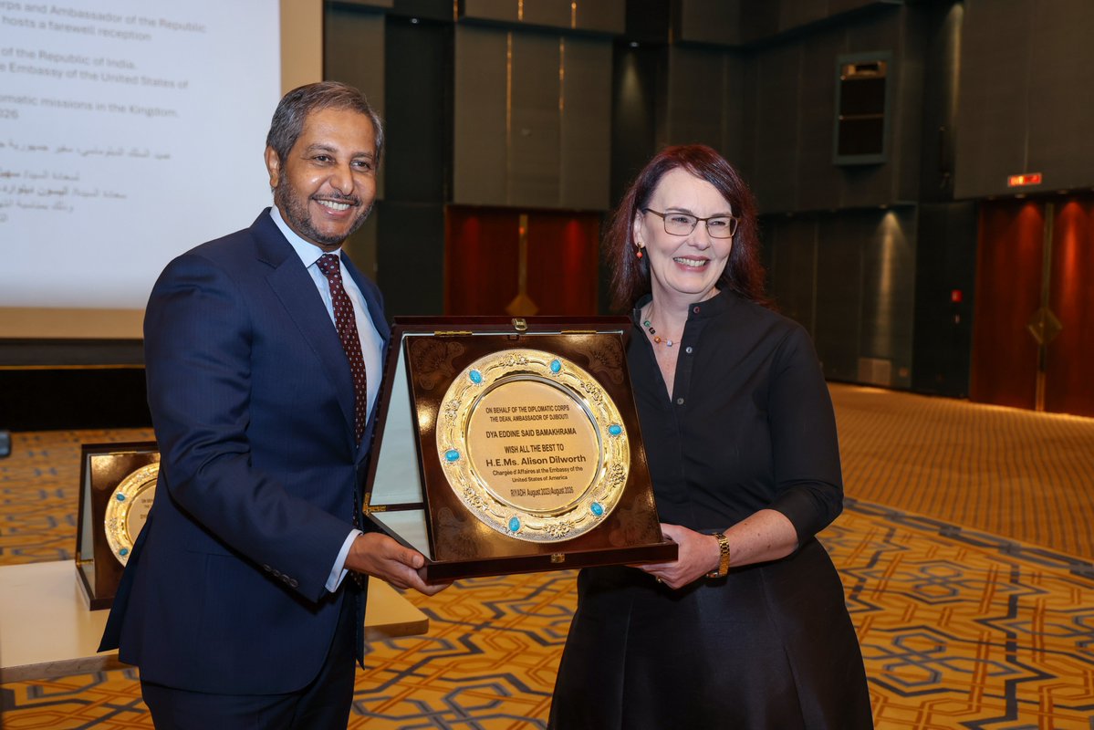 DQliving's tweet photo. The Dean of the Diplomatic Corps &amp; Ambassador of Djibouti, H.E. @dya_bamakhrama, hosted a farewell reception at the in honor of the Ambassador of @IndianEmbRiyadh, H.E. Suhel Ajaz Khan, &amp; the Chargé d'Affaires of the United States, H.E. Alison Dilworth.

https://t.co/pFsMPLRsIL https://t.co/VnTLsjyrNj