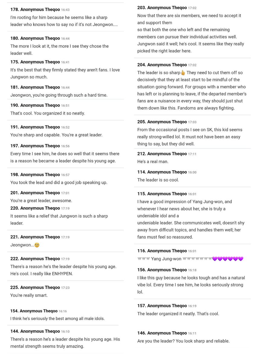 about__enhypen's tweet photo. 'Leader Jungwon clearly stated that Enhypen consists of 6 members' is trending as a Hot Topic on Theqoo.

Comments are praising him, saying he's very well spoken and that he's handled the role of being a leader very well. https://t.co/WpSUvjH9JC