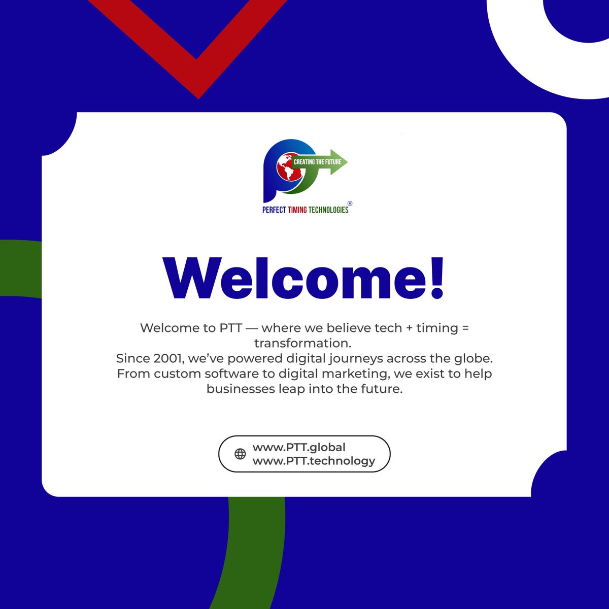 PTTWorld2000's tweet photo. Welcome to Perfect Timing Technologies.

Since 2001, we’ve been helping businesses embrace digital transformation through innovative technology solutions that drive growth and create the future.

#PTT #DigitalTransformation #Innovation #PerfectTimingTechnologies #Technology https://t.co/DCiuMYiolo