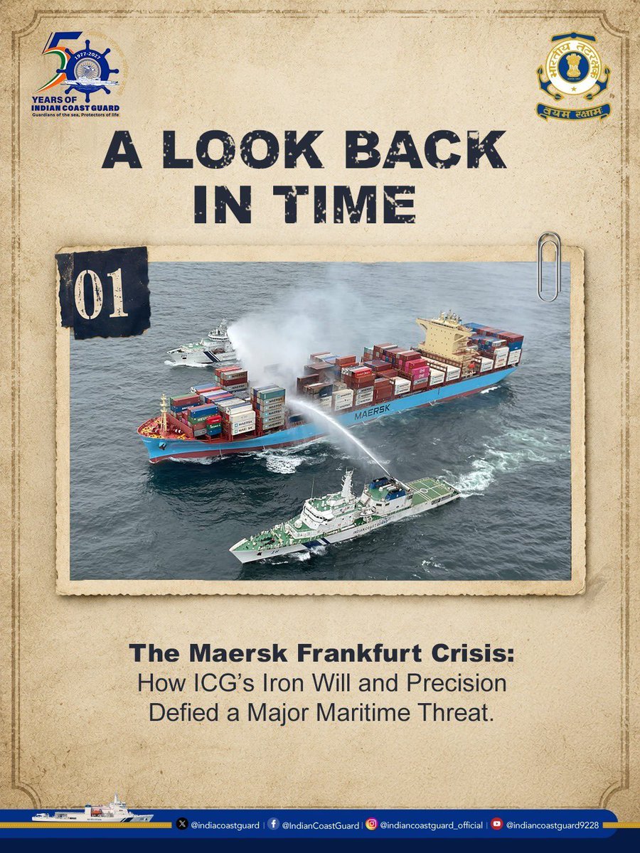 IndiaCoastGuard's tweet photo. Raging waves, a hazardous cargo, and an iron will against maritime threat!

Take a look back in time and discover how the @IndiaCoastGuard deployed ships and aircraft to combat the fire on MV Maersk Frankfurt in July 2024, securing our seas and averting a massive environmental disaster.

#IndianCoastGuard #MaritimeRescue #MaerskFrankfurt #MaritimeSecurity  #ThrowbackThursday