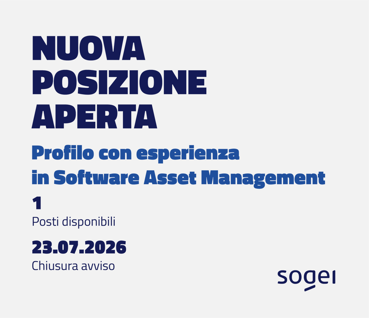 Sogei_SpA's tweet photo. 🧰 Posizione aperta in #Sogei: profilo con esperienza in Software Asset Management.
📅 Scadenza: 23 luglio 2026, ore 12:00
👉 https://t.co/EieyQmY11n
#AssunzioniSogei https://t.co/D1Oxbkb2d0