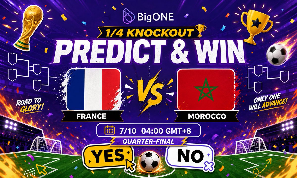 BigONEexchange's tweet photo. The stage is set for the Quarter-Finals! 

🇫🇷 France vs 🇲🇦 Morocco

France takes on Morocco in an epic 1/4 Knockout! Only one can advance on the Road to Glory. 🏆

Will your predictions hit the mark? Predict & Win with BigONE Prediction! 

#WorldCup #France #Morocco #PredictAndWin #BigONE