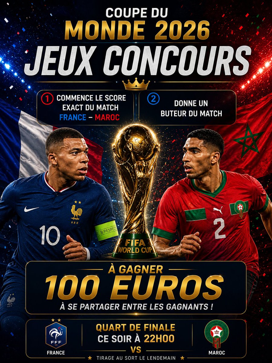 BetClem_'s tweet photo. 🎁 JEU CONCOURS 🎁 COUPE DU MONDE 🌍🏆

POUR PARTICIPER 👇
1️⃣ Trouvez le score exact du match 🇫🇷 France - Maroc 🇲🇦
2️⃣ Trouve un buteur.
Exemple : 🇫🇷 1 - 0 + K. Mbappé 🇫🇷
👉 RT ♻️/♥️
👉 Follow @BetClem_

100€ EN CASH À SE PARTAGER ! 💸 
(10 X 10€ en cash, si égalité TAS)

🎁  POUR PARIER SUR CES MATCHS PROFITE DE 100% DE TON 1ER DÉPÔT EN FREEBETS JUSQU'À 150€ SUR BETFIY 👇
https://t.co/yTDWeM6veJ
Code promo : WORLD150

Une seule réponse acceptée par personne jusqu'à ce soir 22h00.
#TeamParieur