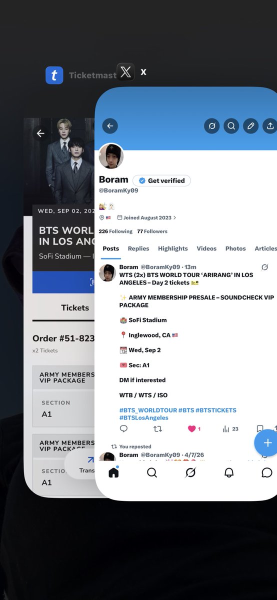BoramKy09's tweet photo. WTS (2x) BTS WORLD TOUR ‘ARIRANG’ IN LOS ANGELES – Day 2 tickets 🎫

✨ ARMY MEMBERSHIP PRESALE – SOUNDCHECK VIP PACKAGE

🏟️ SoFi Stadium  

📍 Inglewood, CA 🇺🇸  

📆 Wed, Sep 2  

🎟️ Sec: A1

DM if interested🫶🏻

WTB / WTS / ISO

#BTS_WORLDTOUR #BTS #BTSTICKETS #BTSLosAngeles https://t.co/QGcKBuoDJ0