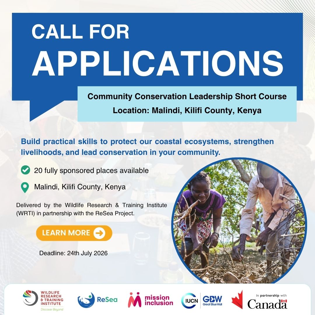 resea_project's tweet photo. 📢Applications are open! Build your leadership 8 conservation skills through the Community Conservation Leadership Short Course. Apply today!
#ReSeaProject #MarineConservation #CommunityEmpowerment #Kenya 
💙: @CanadaDev, @CanHCKenya, @KilifiCountyGov, @HonMbetsa, @GideonMungaroM https://t.co/spAJaZJ2fr