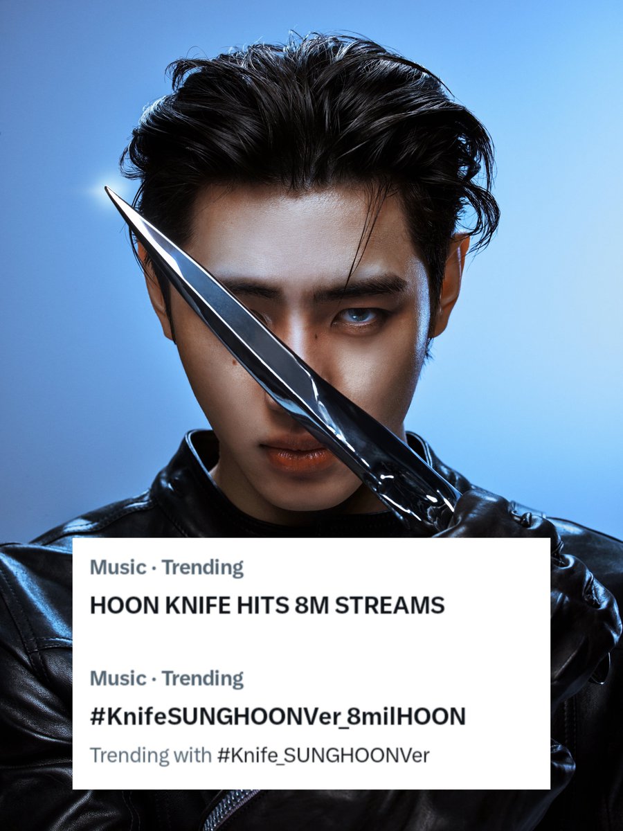 PSHGlobalTeam's tweet photo. [TREND] 260709

"HOON KNIFE HITS 8M STREAMS", "#.KnifeSUNGHOONVer_8milHOON" and "#.Knife_SUNGHOONVer" are currently trending under "Music" category! 🔥

Let's keep dropping the tags below 💪

HOON KNIFE HITS 8M STREAMS
#KnifeSUNGHOONVer_8milHOON
#Knife_SUNGHOONVer @ENHYPEN_members @ENHYPEN