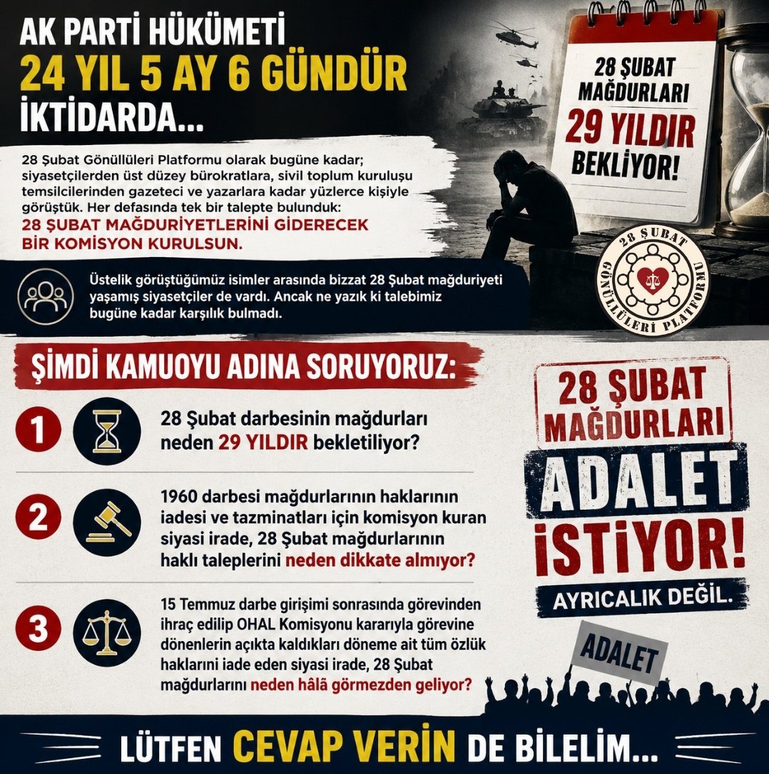 28subatgonullu's tweet photo. LÜTFEN CEVAP VERİN DE BİLELİM

AK Parti hükümeti 24 yıl 5 ay 6 gündür iktidarda...

28 Şubat mağdurları ise 29 yıldır haklarının eksiksiz iadesini bekliyor.

28 Şubat Gönüllüleri Platformu olarak bugüne kadar; siyasetçilerden üst düzey bürokratlara, sivil toplum kuruluşu temsilcilerinden gazeteci ve yazarlara kadar yüzlerce kişiyle görüştük. Her defasında tek bir talepte bulunduk:

28 Şubat mağduriyetlerini giderecek bir komisyon kurulsun.

Üstelik görüştüğümüz isimler arasında bizzat 28 Şubat mağduriyeti yaşamış siyasetçiler de vardı. Ancak ne yazık ki talebimiz bugüne kadar karşılık bulmadı.

Şimdi kamuoyu adına soruyoruz:

• 28 Şubat darbesinin mağdurları neden 29 yıldır bekletiliyor?

• 1960 darbesi mağdurlarının haklarının iadesi ve tazminatları için komisyon kuran siyasi irade, 28 Şubat mağdurlarının haklı taleplerini neden dikkate almıyor?

• 15 Temmuz darbe girişimi sonrasında görevinden ihraç edilip OHAL Komisyonu kararıyla görevine dönenlerin açıkta kaldıkları döneme ait tüm özlük haklarını iade eden siyasi irade, 28 Şubat mağdurlarını neden hâlâ görmezden geliyor?

28 Şubat mağdurları adalet istiyor, ayrıcalık değil.

Lütfen cevap verin de bilelim...
#28SubatHakTelafi 
@RTErdogan 
@NumanKurtulmus 
@Akparti 
@AKKADINGM 
@AKGenclikGM 
@abakingurlek 
@mustafaciftcitr 
@Yenisehirlioglu 
@yeniakit 
@yenisafak 
@MilatGazete