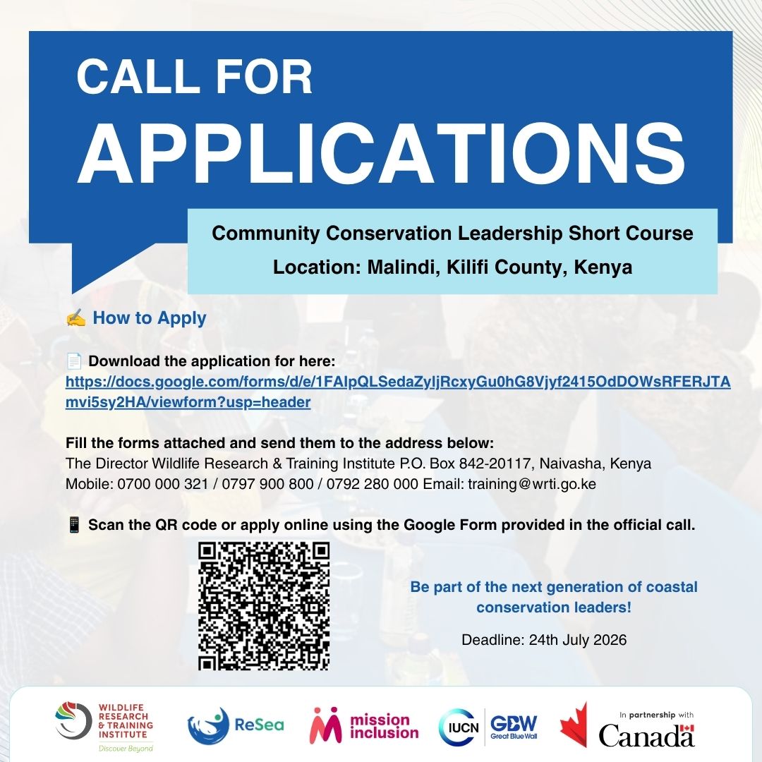 resea_project's tweet photo. 📢Applications are open! Build your leadership 8 conservation skills through the Community Conservation Leadership Short Course. Apply today!
#ReSeaProject #MarineConservation #CommunityEmpowerment #Kenya 
💙: @CanadaDev, @CanHCKenya, @KilifiCountyGov, @HonMbetsa, @GideonMungaroM https://t.co/spAJaZJ2fr