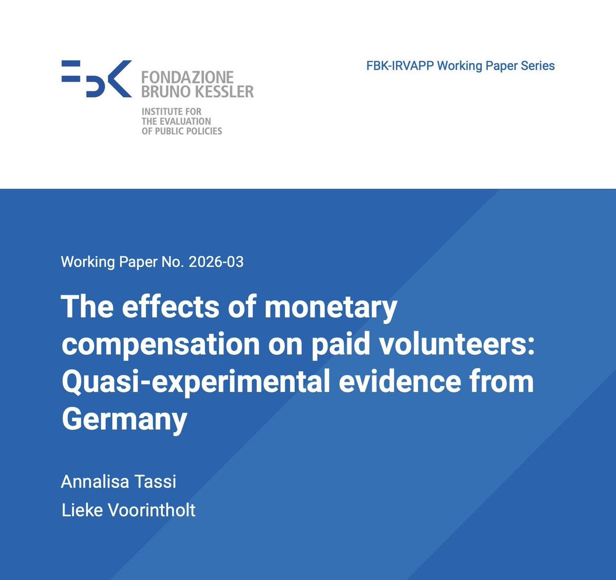FbkIrvapp's tweet photo. Can “paid volunteering” foster more volunteering? A new  WP by Annalisa Tassi &amp; Lieke Voorintholt uses German tax data and a 2013 reform to test this. Result: higher tax-free compensation did not extend service or affect income/donations.

https://t.co/EvaEkoaVuB

@FBK_research https://t.co/afGcuo2CUc