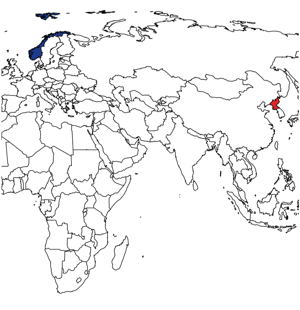 onlmaps's tweet photo. Only one country separates Norway and North-Korea https://t.co/aOee6buCva