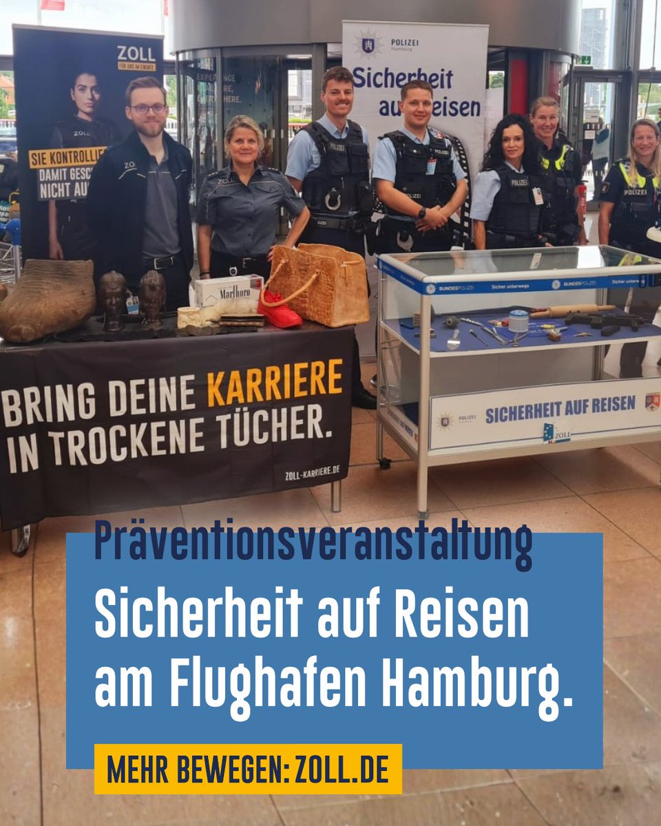zoll_info's tweet photo. 🕶️Sommerzeit bedeutet für viele auch Urlaubszeit.

✈️Deswegen informieren heute unsere Kolleginnen und Kollegen gemeinsam mit Bundespolizei und Landespolizei am Hamburger Flughafen alle Interessierten über sicherheitsrelevante Themen beim Reisen. https://t.co/xbEt2NiSRx
