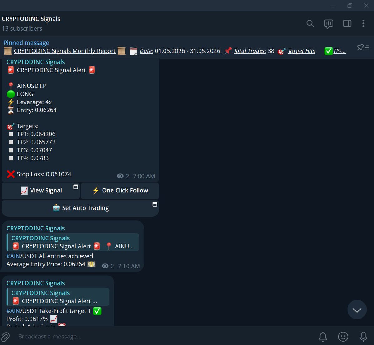ctdincsignals's tweet photo. $AIN TP-3✅
Talk about snipping the absolute bottom!
Stop guessing where the market reverses. Let pure mathematical execution handle your entries.
Read the pinned message👇
https://t.co/bornqeoPS8
#InfinityGround #Bitcoin #Ethereum #Altcoin #Bybit #MEXC #Cornix https://t.co/MVOcteoQxF