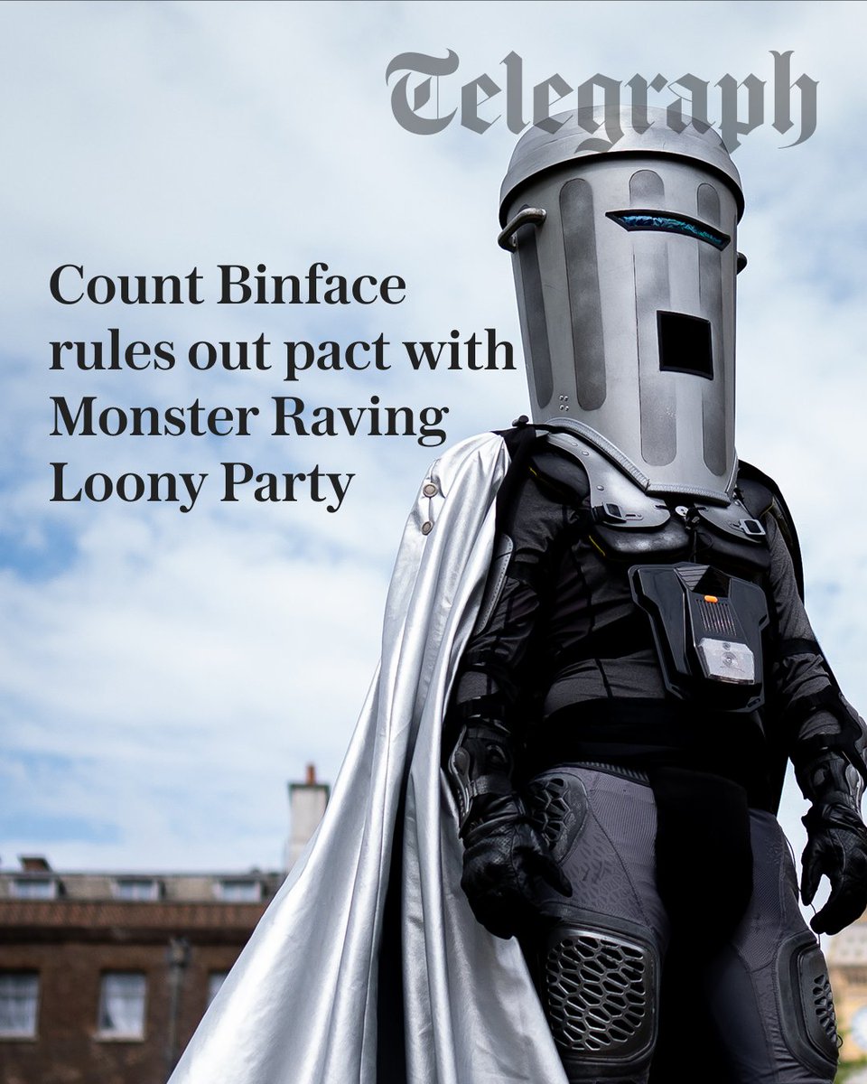 Telegraph's tweet photo. Count Binface has ruled out a pact with the Official Monster Raving Loony Party as he attempts to unseat Nigel Farage at the Clacton by-election.

“The fact is, the Loonies and Farage want to fight among themselves for the novelty vote.”

🔗: https://t.co/qsjcp4V7EX https://t.co/7YNQ3ebnRY