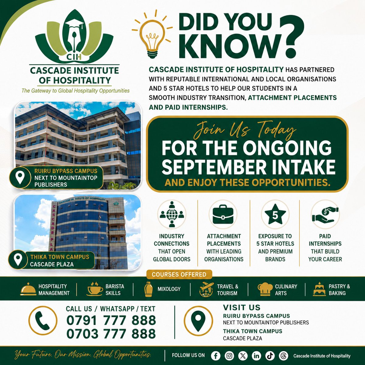CIH_KE's tweet photo. 🌍 𝗗𝗜𝗗 𝗬𝗢𝗨 𝗞𝗡𝗢𝗪? 𝗬𝗼𝘂𝗿 𝗛𝗼𝘀𝗽𝗶𝘁𝗮𝗹𝗶𝘁𝘆 𝗖𝗮𝗿𝗲𝗲𝗿 𝗖𝗮𝗻 𝗦𝘁𝗮𝗿𝘁 𝘄𝗶𝘁𝗵 𝗚𝗹𝗼𝗯𝗮𝗹 𝗢𝗽𝗽𝗼𝗿𝘁𝘂𝗻𝗶𝘁𝗶𝗲𝘀! ✈️🏨

At Cascade Institute of Hospitality, we don't just train you for the classroom, we prepare you for the world. https://t.co/dLNLYuUCdl
